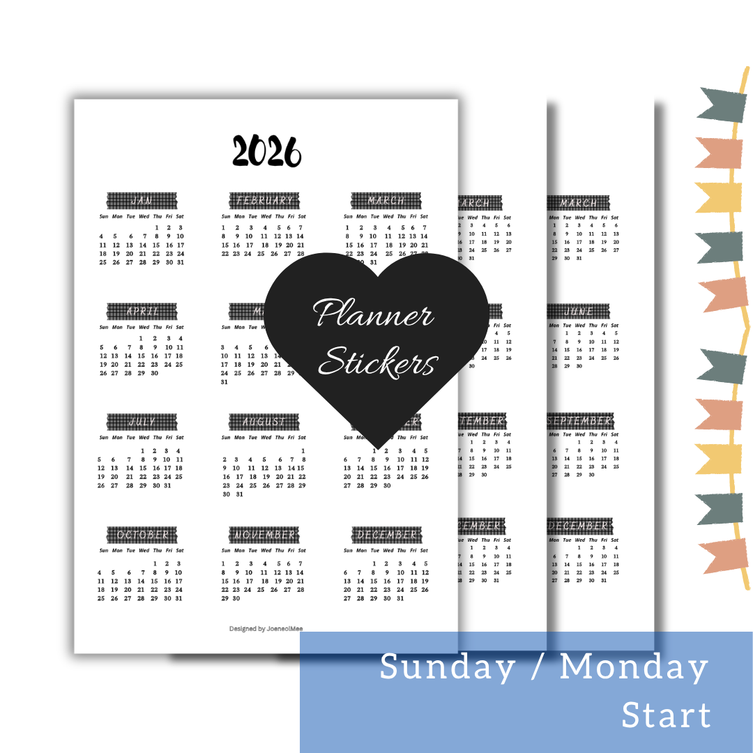Printable 2026 2027 Date Planner Calendar Sticker Sheet 📆 Journal Productivity DIY Notebook (A5 Size)