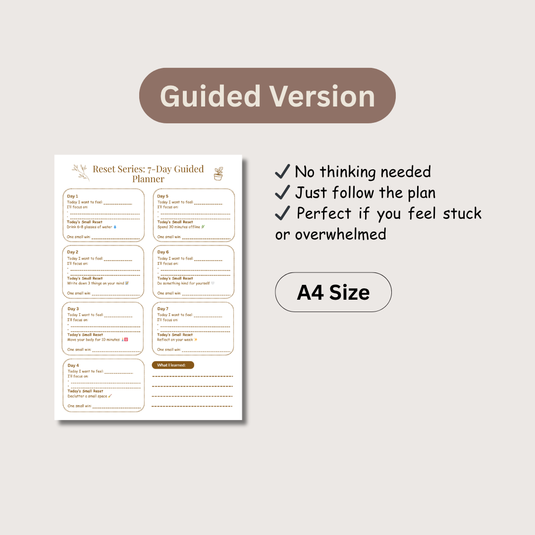 Reset Series: 7-Day Reset Journal – Guided & Build-Your-Own Self-Care Routine Planner, Undated A4 Printable PDF
