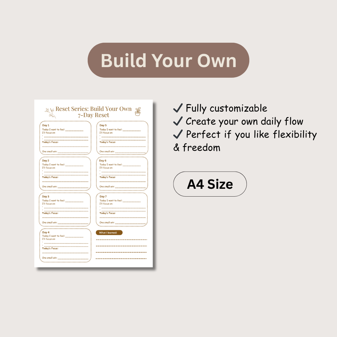 Reset Series: 7-Day Reset Journal – Guided & Build-Your-Own Self-Care Routine Planner, Undated A4 Printable PDF