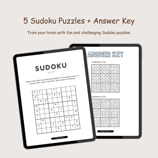 5 Medium Level Sudoku Games + Answer Key | Relax & Solve Sudoku – Brain Puzzle Set | Printable Digital Logic Puzzle Book