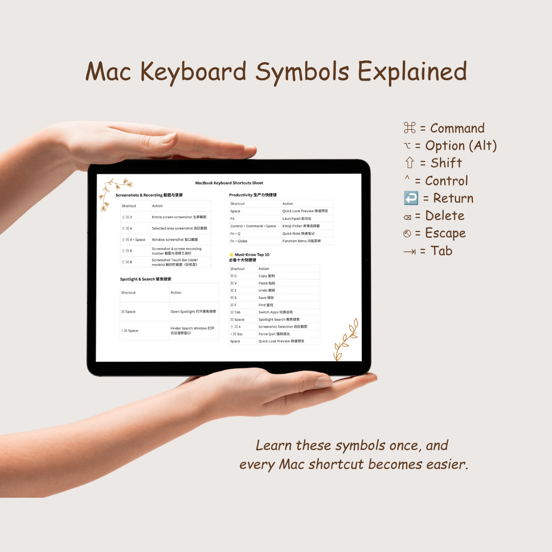 🍎 MacBook Keyboard Shortcuts Sheet (Beginner Friendly PDF)